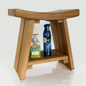 Banco doccia naturale legno di <span class=keywords><strong>Teak</strong></span> indonesiano pesante sgabello costruito robusto con comodo sedile curvo e ripiano di stoccaggio. - Product Image 1