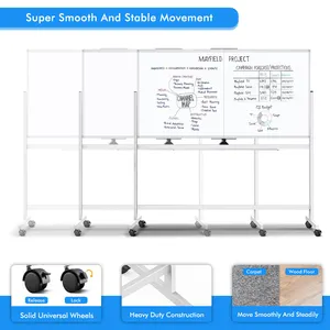 Large Reversible Dry Erase Board Easel Standing Board Double Sided Rolling Whiteboard Mobile Magnetic White Board