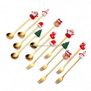 Modern Christmas Souvenir Stainless Steel Tea Spoon and Fork Set Golden Cutlery Gift <b>for</b> Kids - Product Image 1