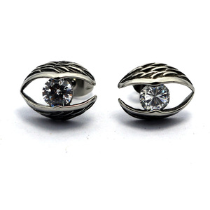 yunnique Vintage Zircon <b>Wing</b> Stud Earrings <b>Black</b> And White Bezel Setting Stainless Steel 316L Angel Eye Design - Product Image 4