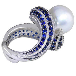 Anello Cocktail T0775 in Argento 925 con Perla di Acqua Salata e Gemme Blu, Gioiello Raffinato da Donna per Matrimonio - Product Image 3