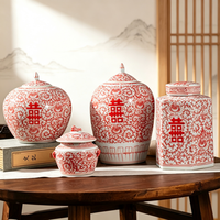 Pot de rangement en céramique vintage chinois rouge à motifs floraux entrelacés Double Bonheur, avec couvercle, pour la décoration du salon et de l'entrée