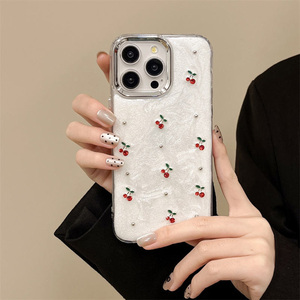 Mới Sang Trọng Màu Đỏ Cherry Kim Cương Điện Thoại Trường Hợp Đối Với iPhone 16 Pro Max 15 14 13 17 3D Mạ Điện Long Lanh Mềm Chống Sốc Bìa <span class=keywords><strong>Shell</strong></span> - Product Image 3