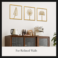 Triptyque mural en métal doré minimaliste, art botanique avec panneaux de feuilles florales pour salon, chambre, hôtel, décoration contemporaine