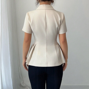 Manteau de costume <span class=keywords><strong>d</strong></span>écontracté ajusté pour femme, beige, à revers crantés, double boutonnage, manches courtes, style péplum, idéal pour le bureau - Product Image 2