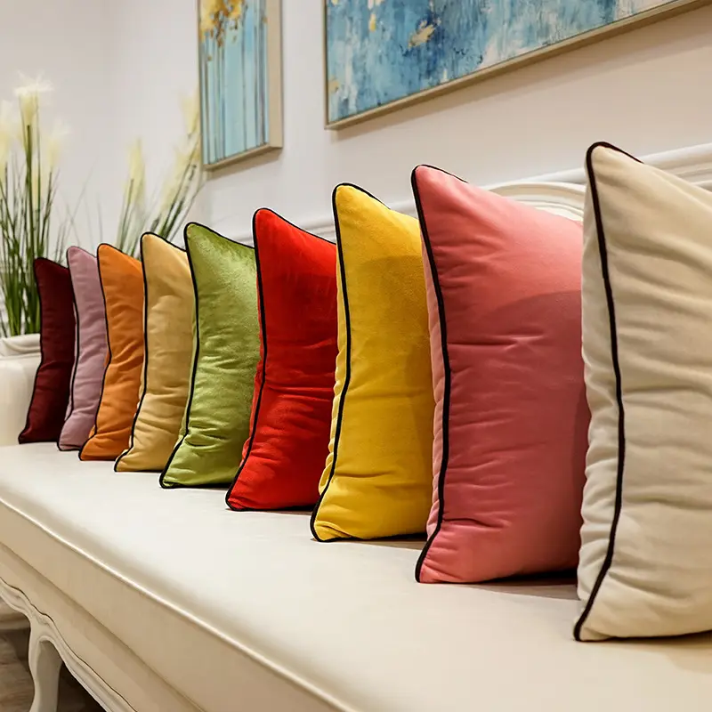 Wholesale Custom Solid Color Dutch Velvet Throw Cushion Cover For Home Decoration Thick Velvet Pillow Case With Black Piping