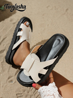 Mules tendance en PU beige pour femme, à plateforme, avec lanières découpées, semelle épaisse, confortables, décontractées, à enfiler, bout ouvert, pour l'été