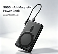 Batterie externe magnétique sans fil 5000 mAh, format slim, avec support pliable, chargeur rapide 22,5 W, câble intégré, OEM ODM