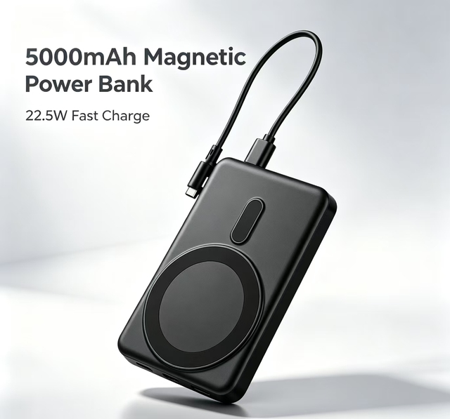 Magnetic Wireless Power Bank 5000mAh Slim Battery Pack with Foldable Stand 22.5W Fast Charger Built in Cable OEM ODM