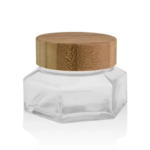 Pot de crème pour le visage unique en verre givré, cosmétique octogonal avec couvercle en bambou