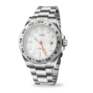 Montre à quartz pour homme en acier inoxydable Montre de sport personnalisée avec affichage de la date GMT Montre étanche à fonctions lumineuses pour homme