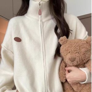 White Zip-Up Stand Collar <b>Cardigan</b> For Women Knitted Solid Color Medium <b>Thickness</b> Autumn Winter Style - Product Image 1
