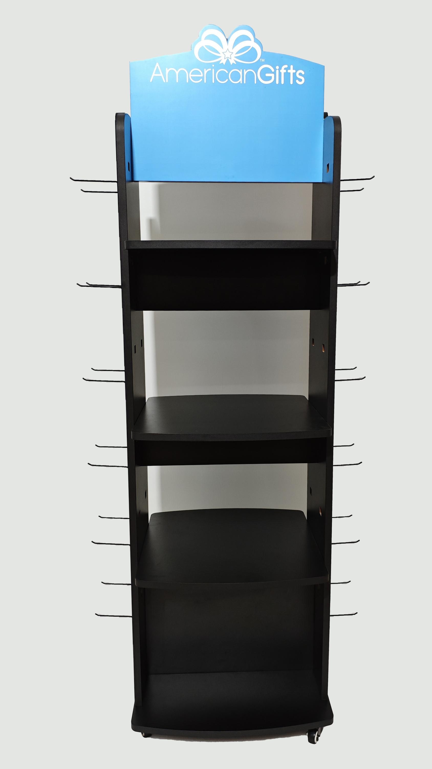 Beverage Bottle Wood Display Racks 4 Tier Wooden Shelf with Side Hooks and Caster — view 6