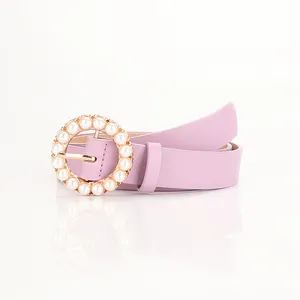 Women's imitation leather belt new fashion trend round pearl pin buckle highlights the temperament and noble belt