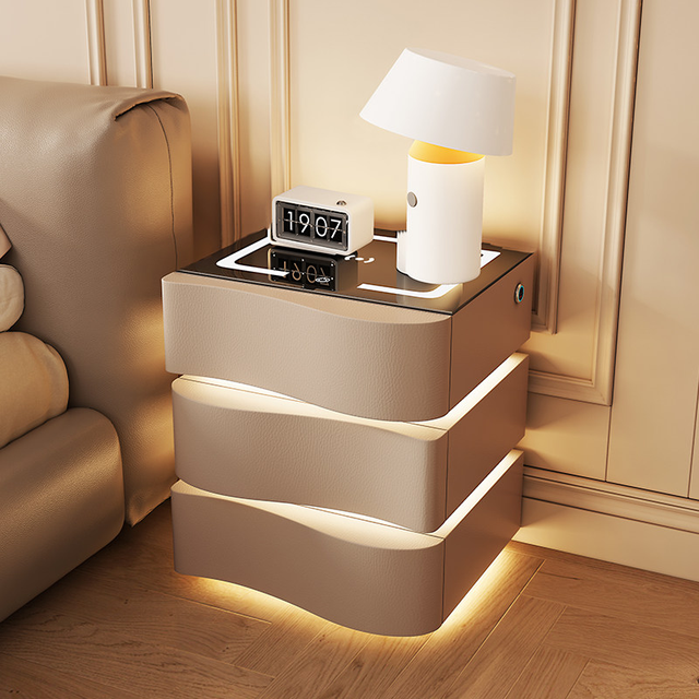 Modern Simple Wooden Bedside Table with LED Light Smart Bluetooth Audio & Two-Smoking Wireless Charging for Bedroom Living Room