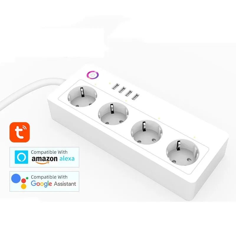 Tuya wifi Smart Power Strip EU UK US Power Bar Multiple Outlet Extension Cord with 4 USB and 4 Individual Controlled AC Plugs