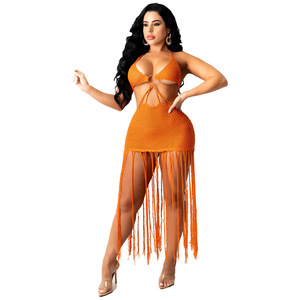 Vacanza al mare traforato uncinetto nuovo <span class=keywords><strong>abbigliamento</strong></span> da donna in tinta unita in maglia Sexy Top abito da spiaggia con nappe - Product Image 4