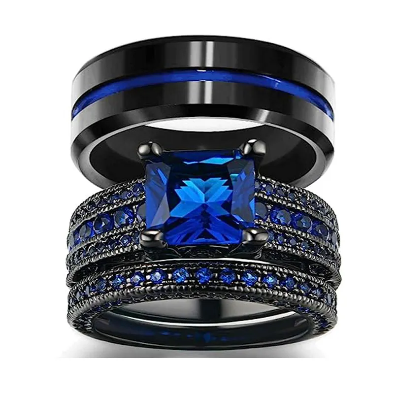 Custom Promise Couple Matching Bridal Women Square Man 10K Black Gold Filled Blue Cz Zircon Stainless Steel Wedding Rings Sets