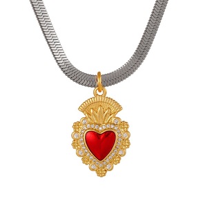 จี้รูปหัวใจศักดิ์สิทธิ์ของพระเยซู BD-D995 ประดับด้วยอัญมณีรูบี้ พร้อมสร้อยคอทองแดงประดับลูกปัดและโซ่เงิน สร้อยคอหรูหราสำหรับผู้หญิง - Product Image 4