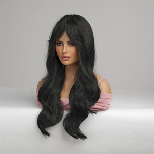 Perruque longue noire de 26 pouces <span class=keywords><strong>avec</strong></span> <span class=keywords><strong>frange</strong></span>, en <span class=keywords><strong>cheveux</strong></span> synthétiques résistants à la chaleur, pour femmes, usage quotidien, vente directe usine - Product Image 4