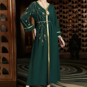 Women Middle East Elegant Abaya Dubai Polyester Rhinestones Decor Contrast Trimmed Kaftan