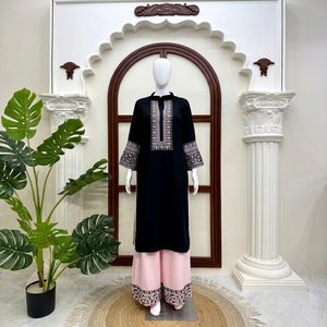 Black Embossed Rayon Cotton Salwar Kameez Set Women Ethnic Indian Pakistani Outfit Pink Pants Dupatta Quick Dry Wedding Wear - Product Image 1