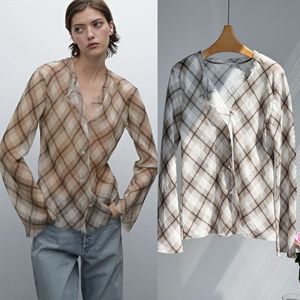 Chemise en ramie à carreaux marron pour femme, coupe décontractée, avec franges, légère et fluide, chemisier unique - Product Image 3