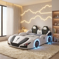 Luxuriöses Kinderbett im Rennwagen-Stil mit LED-Beleuchtung und Rädern, Jungen-Schlafzimmermöbel, OEM Maßgefertigtes Autobett