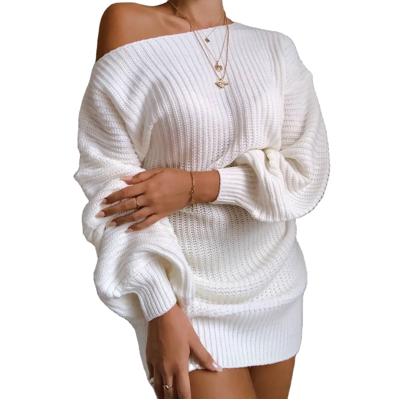 Vestido de punto sexy con hombros descubiertos y jersey de lana suelto para mujer, venta al por mayor