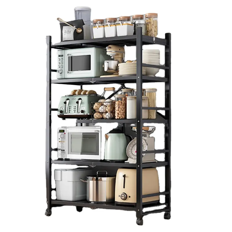 Kitchen Display Multi-layer Metal Foldable Shelf Rack Home Storage with Wheels