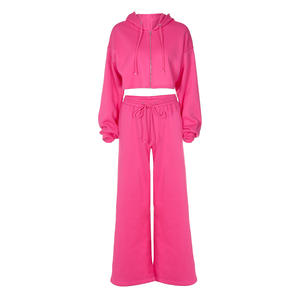 Setelan Dua Potong Wanita Kasual dengan Hoodie, Atasan Crop, Jaket Zipper, Celana Panjang, Setelan Olahraga, Pakaian Serasi untuk Wanita - Product Image 5