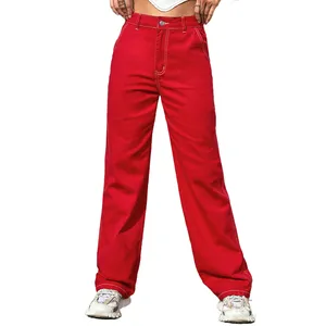 फैशन लाल जींस Y2K Streetwear ढीला व्यथित महिलाओं की व्यापक पैर पैंट आकस्मिक प्रेमी की पैंट