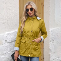Jas Trench Wanita Kasual Warna Solid dengan Kerah Kancing, Saku Resleting, Lengan Panjang, Bahan Bernapas, dan Tudung Lepas Pasang untuk Musim Semi dan Gugur