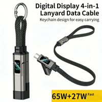 Câble de charge multi-prise 4-en-1 avec porte-clés, 65W USB Type-C, charge rapide, affichage numérique LED, conducteur en cuivre pur, blindage en nylon tressé