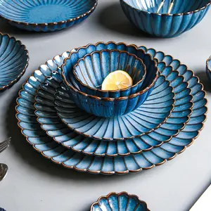 Набор синих тарелок для ресторана, домашний столовый сервиз на 4 персоны в скандинавском стиле, набор посуды из керамики с хризантемой и обжигом