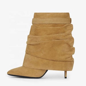 รองเท้าบูทส้นสูงแบบส้นเข็มสำหรับผู้หญิง รุ่น Patent Stiletto แบบพับได้  รองเท้าบูทข้อเท้าแบบ Shark Lock  หน้าผ้าจับจีบ - Product Image 5