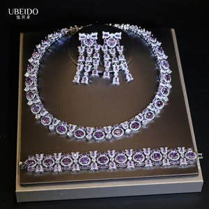 Ensemble de collier, bracelet et boucles d'oreilles en zircon violet de luxe pour femmes, bijoux élégants en cristal pour mariage, soirée, robe de soirée - Product Image 1