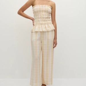 Conjunto de Dos Piezas para Mujer, Estilo Casual, Primavera-Verano, Pantalones Anchos de Lino y Algodón con Estampado Sólido y Top sin Tirantes con Fruncido - Product Image 2