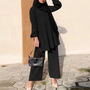 Vêtements islamiques personnalisés ensemble 2 pièces pour femmes musulmanes avec chemisier et <span class=keywords><strong>pantalon</strong></span> de couleur unie - Product Image 3