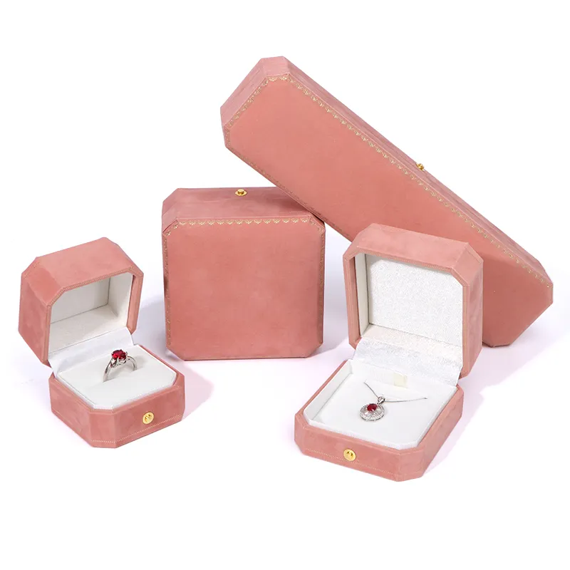 Custom Octágono de plástico bisagra anillo pendiente collar pulsera caja de embalaje de terciopelo joyero