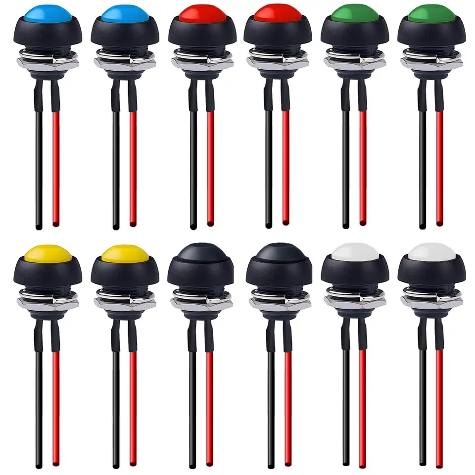 5pcs <strong>12mm</strong> <strong>Momentary</strong> <strong>Push</strong> <strong>Button</strong> <strong>Switch</strong> 1/2\" Mounting Hole Mini Waterproof Green with Pre-Soldered 12V Wires On-Off PBS-33B-G-X