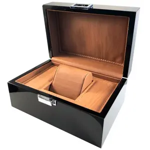 Caja de reloj negra de alta calidad con cierre, caja de reloj de madera con logotipo privado personalizado