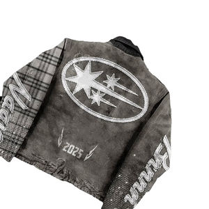 YYSY أنيقة ثقيلة الوزن المتضخم الدنيم البدلة الملابس حجر الراين مطرزة التصحيح غسل حمض خمر جان سترة مجموعة للرجال - Product Image 3