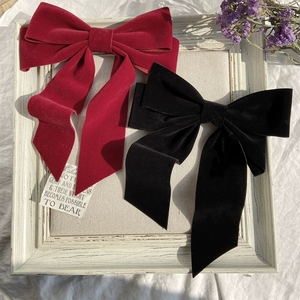 Barrette à cheveux vintage en velours noir avec nœud, composants métalliques, long ruban, style coréen, accessoires pour cheveux pour femmes et filles, emballage carton - Product Image 1