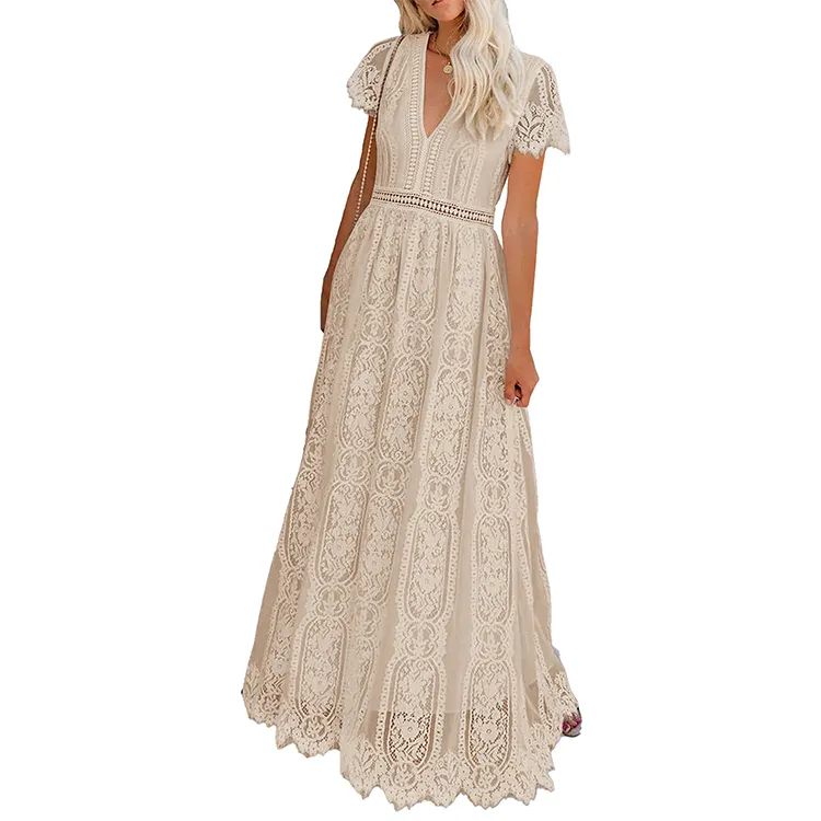 Women's Maxi Dresses 2023 Short Sleeve V Neck Floral Lace Bridesmaid Evening Party Wedding Dress