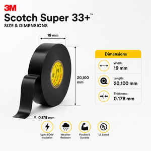 Ruban adhésif électrique en vinyle 3M Super 33+ <span class=keywords><strong>noir</strong></span> 7mil ignifuge pour l'isolation des fils et câbles - Product Image 5