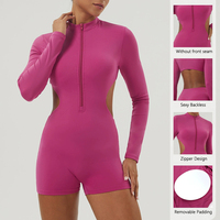 Combinaison à manches longues à taille échancrée, Combinaison de sport et de yoga, Combinaison de fitness pour femme à demi-zip avec coussinet de poitrine