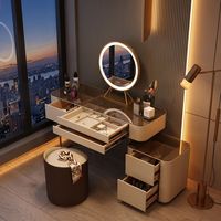 Ensemble de coiffeuse en bois avec miroir moderne et bureau avec tiroirs de rangement, siège rembourré, table de maquillage pour chambre à coucher