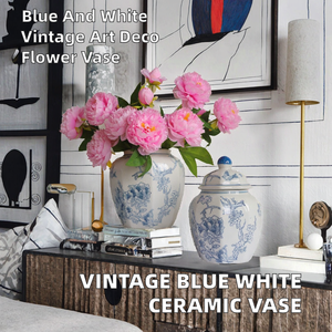 Jarrón de Cerámica Azul y Blanco Estilo Art Deco Vintage, Hecho a Mano, con Tapa y Acabado Opaco, para Decoración del Hogar - Product Image 2