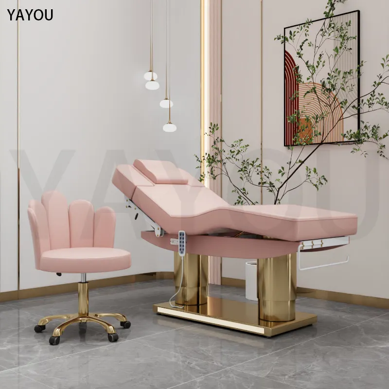 Luxury 4 motor pink leather massage facial table double cylinder stainless steel base electric beauty bed salon massage beds